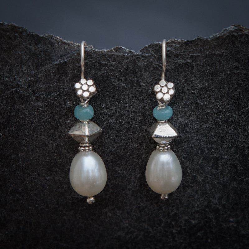 Freshwater Pearl, Amazonite and Sterling Silver Drop Earrings - Beyond Biasa