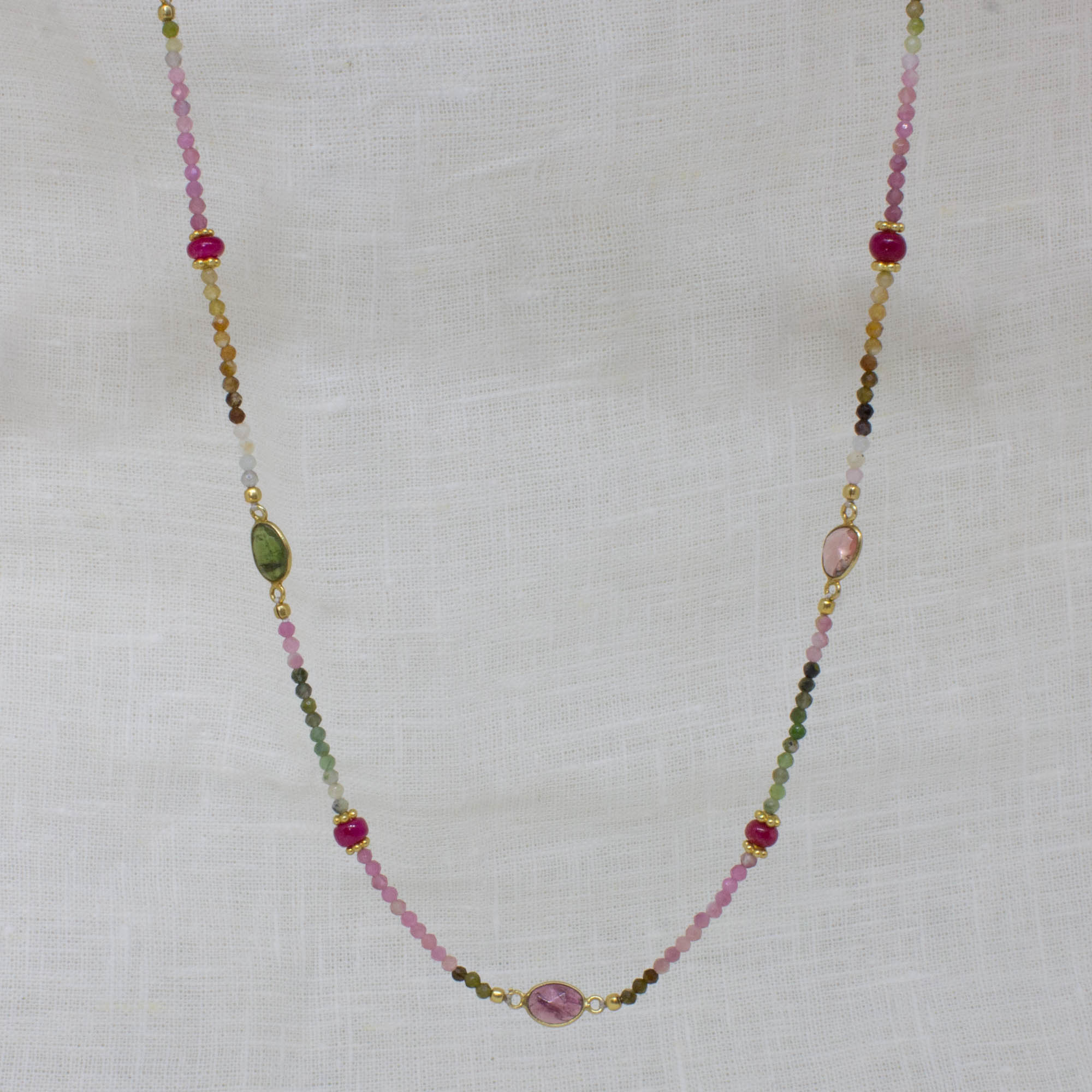 Dainty tourmaline gemstone beaded necklace with pink rubies and 18k gold vermeil 