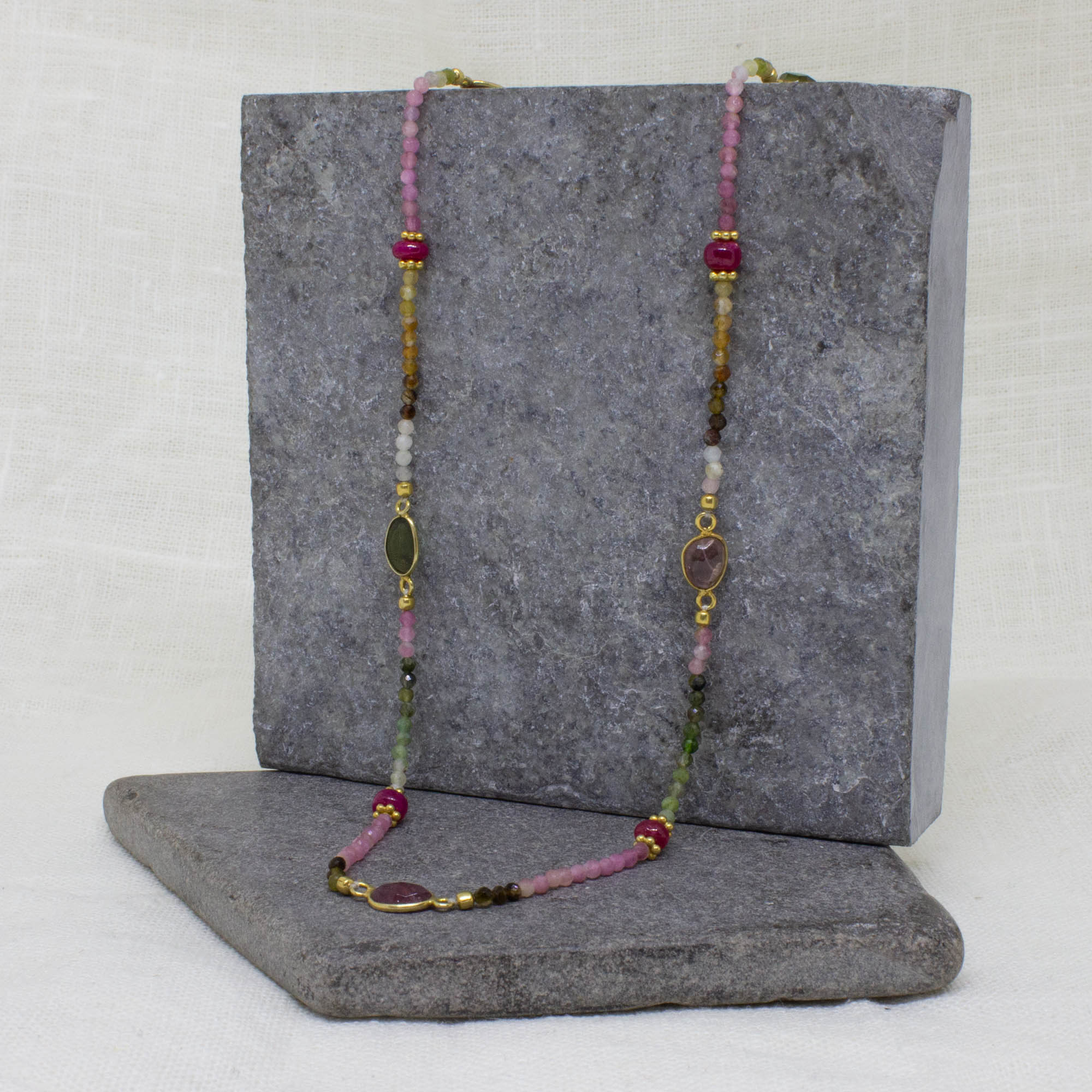 Dainty tourmaline gemstone beaded necklace with pink rubies and 18k gold vermeil 