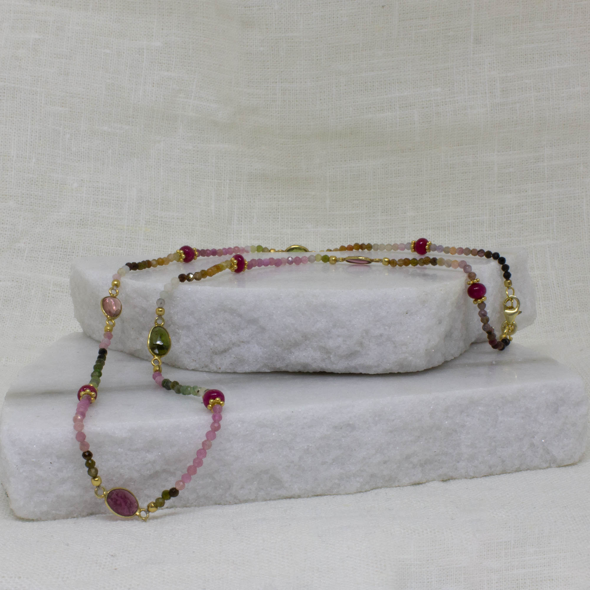 Dainty tourmaline gemstone beaded necklace with pink rubies and 18k gold vermeil 
