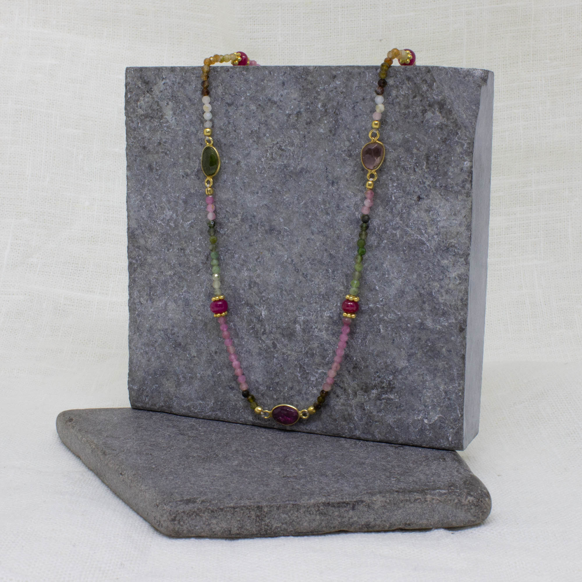 Dainty tourmaline gemstone beaded necklace with pink rubies and 18k gold vermeil 