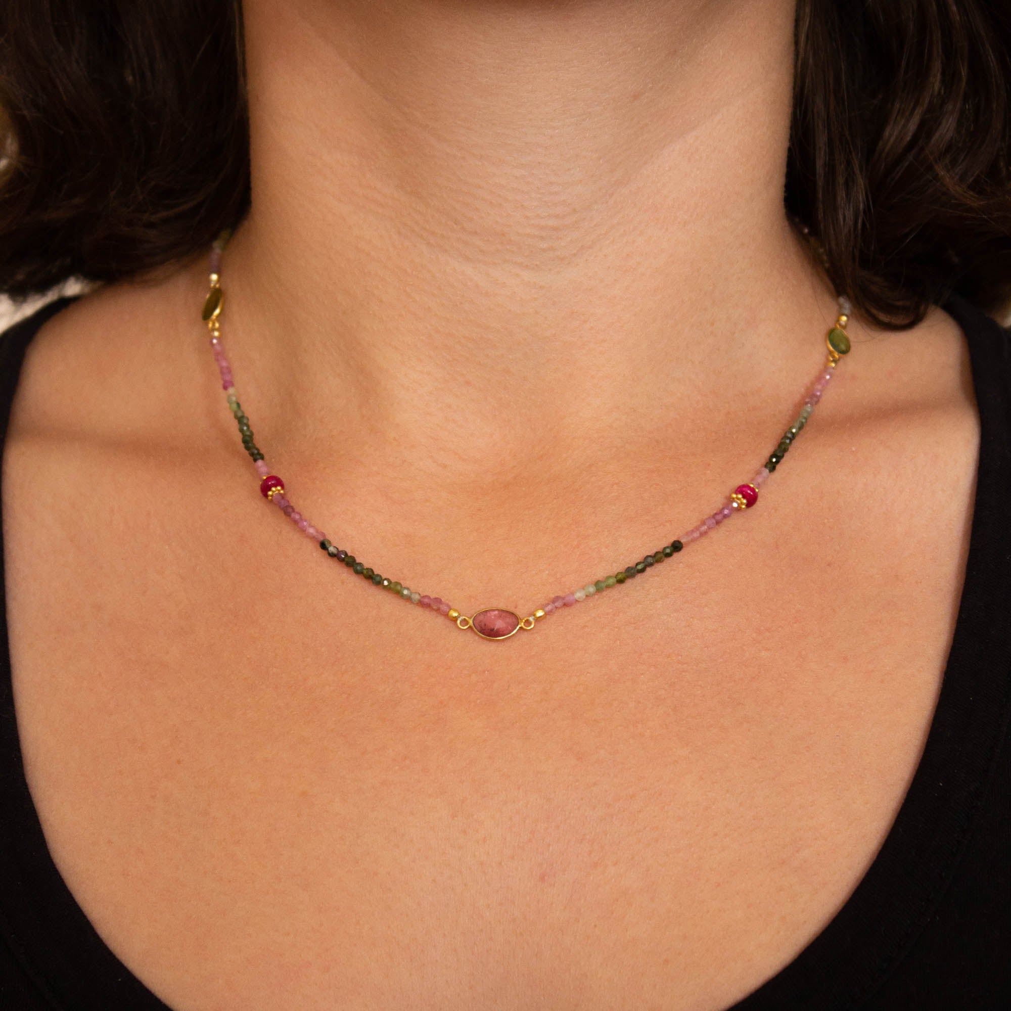 Dainty tourmaline gemstone beaded necklace with pink rubies and 18k gold vermeil 