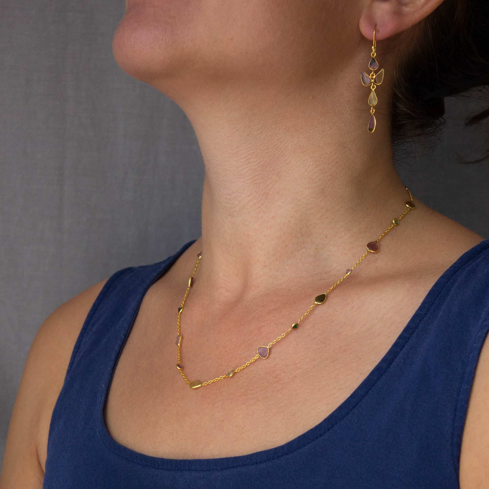 Model wearings Dainty 18k gold vermeil and tourmaline gemstone necklace | Beyond Biasa