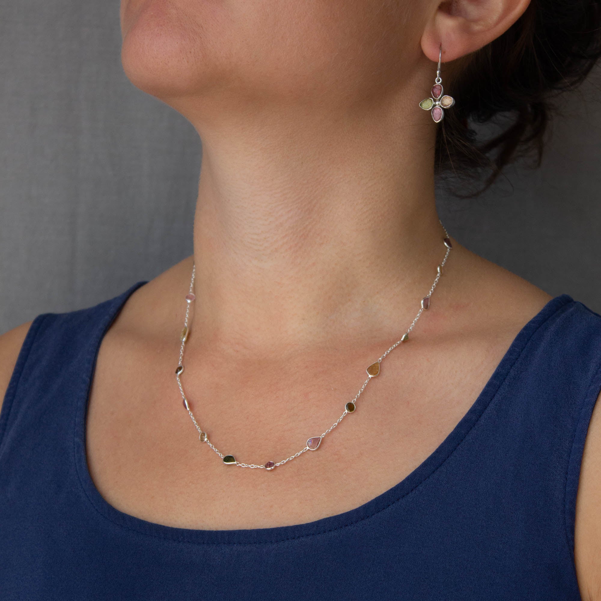 Model wearing Dainty sterling silver and tourmaline gemstone necklace | Beyond Biasa