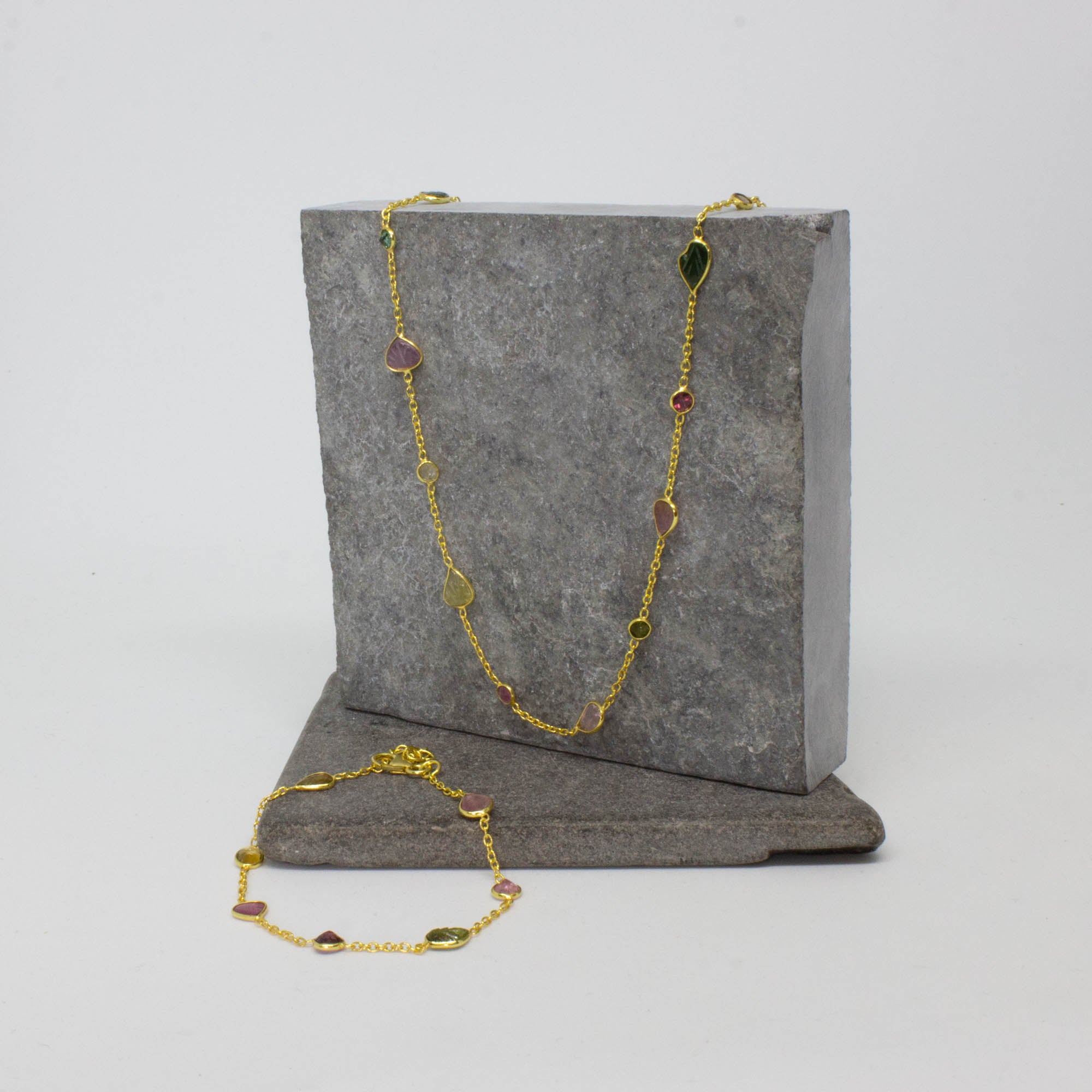 Dainty 18k gold vermeil and tourmaline gemstone necklace and bracelet | Beyond Biasa
