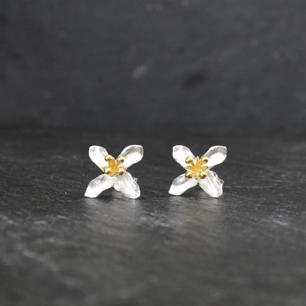 Brushed Silver and Gold Vermeil Flower Stud Earrings - Beyond Biasa