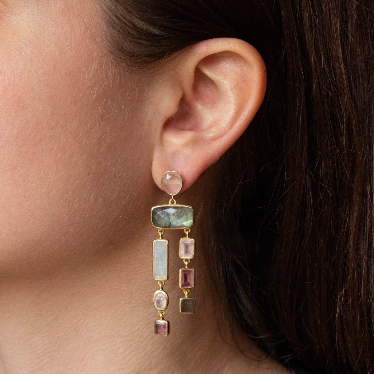 Moonstone, Labradorite and Quartz Chandelier Earrings