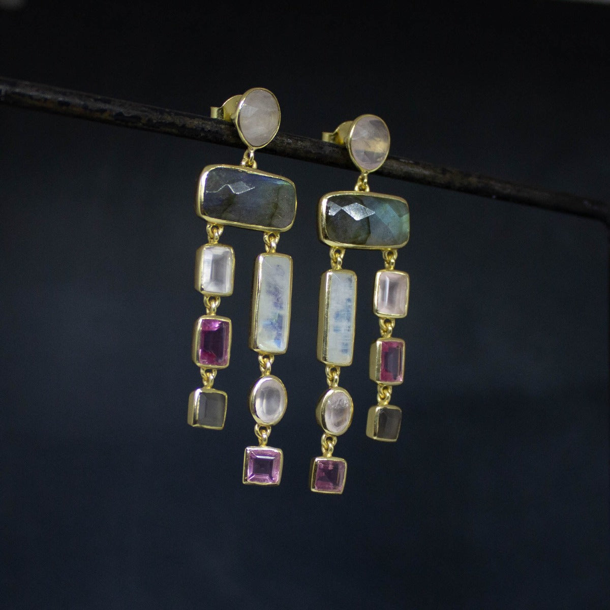 Moonstone, Labradorite and Quartz Chandelier Earrings