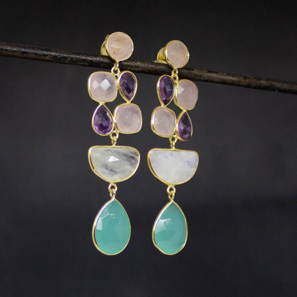 Rose Quartz, Amethyst, Moonstone and Chalcedony Multi Stone Earrings - Beyond Biasa