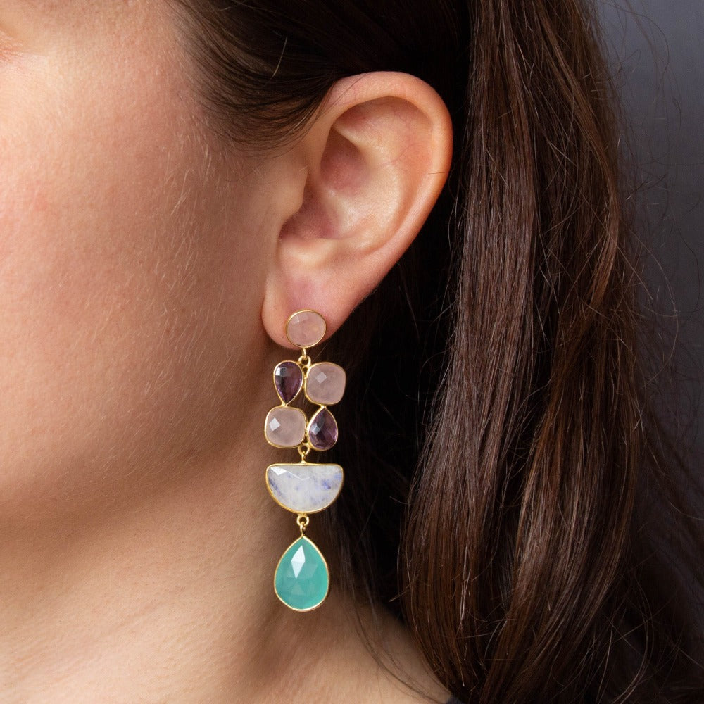 Rose Quartz, Amethyst, Moonstone and Chalcedony Multi Stone Earrings - Beyond Biasa