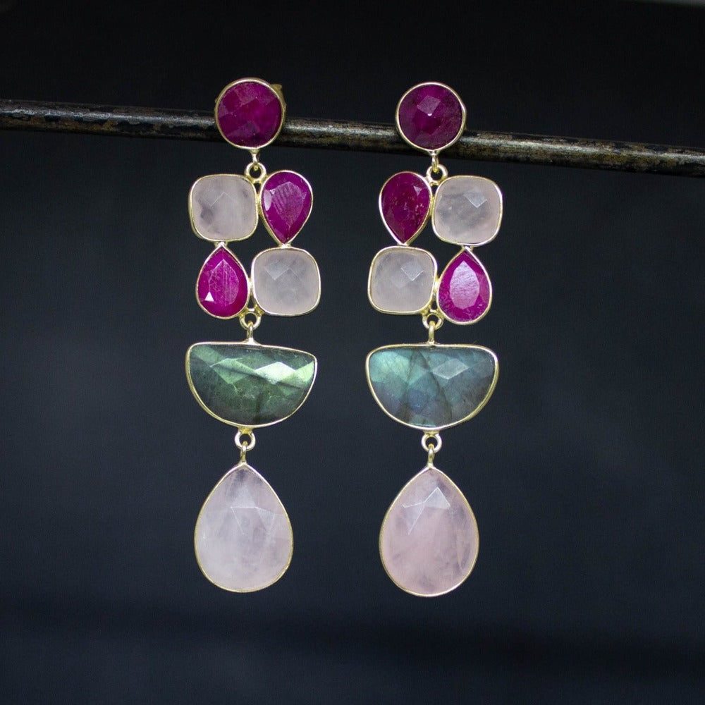 Rose Quartz, Ruby and Labradorite Multi Stone Earrings