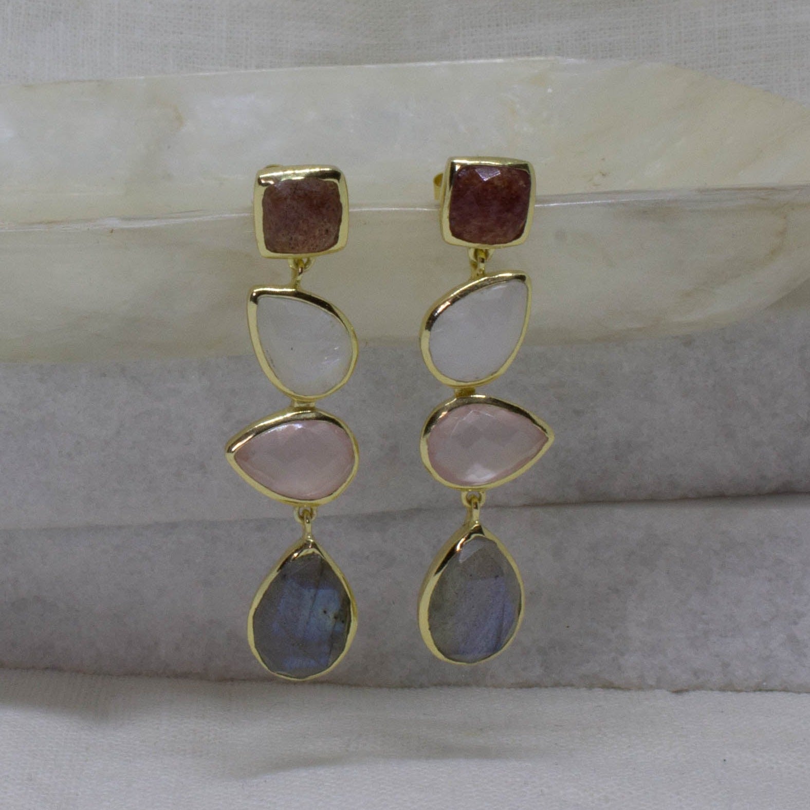 Quartz, Moonstone and Labradorite Earrings - Beyond Biasa