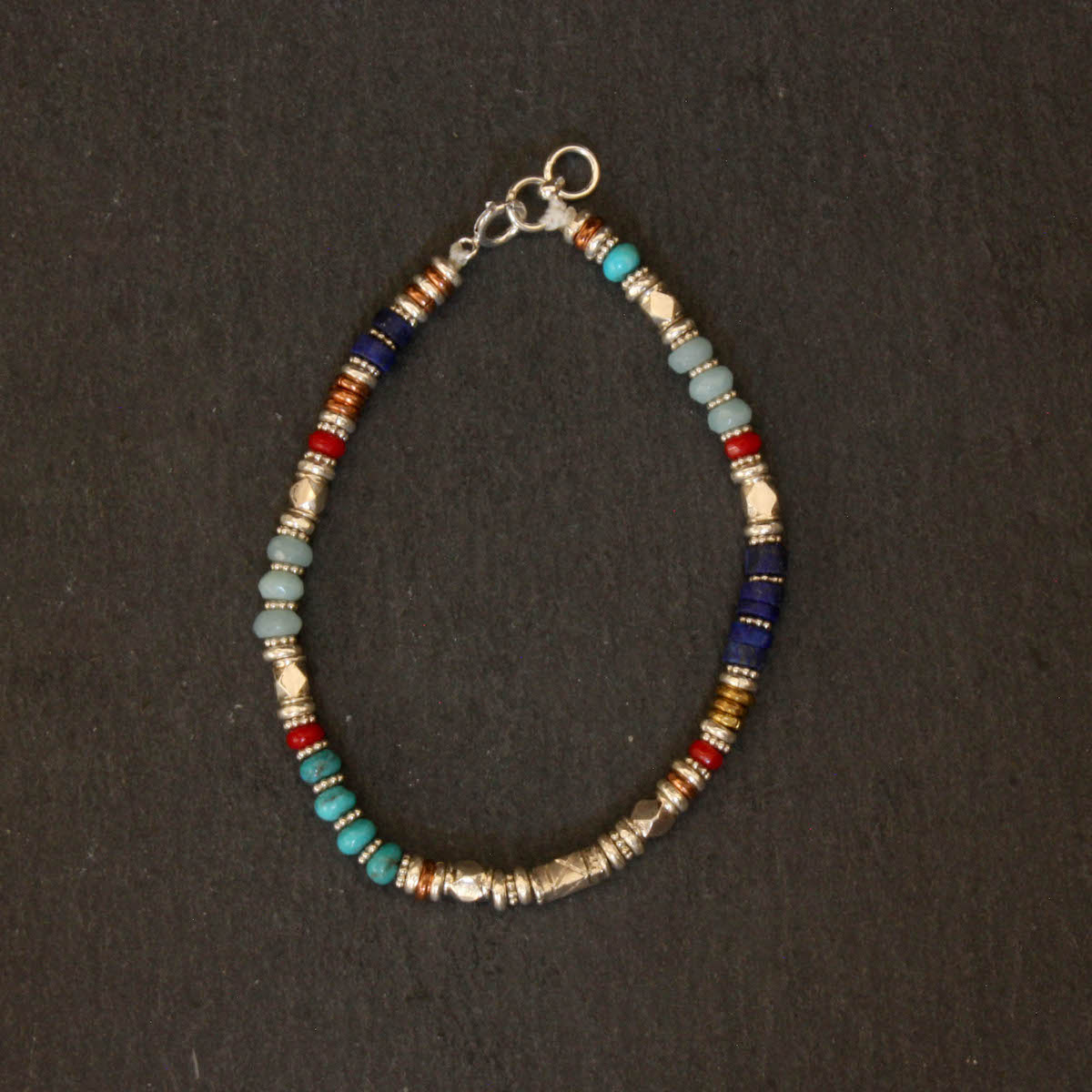 Semi-precious gemstone beaded bracelet with turquoise, lapis, amazonite and coral and silver, copper and brass - Beyond Biasa 