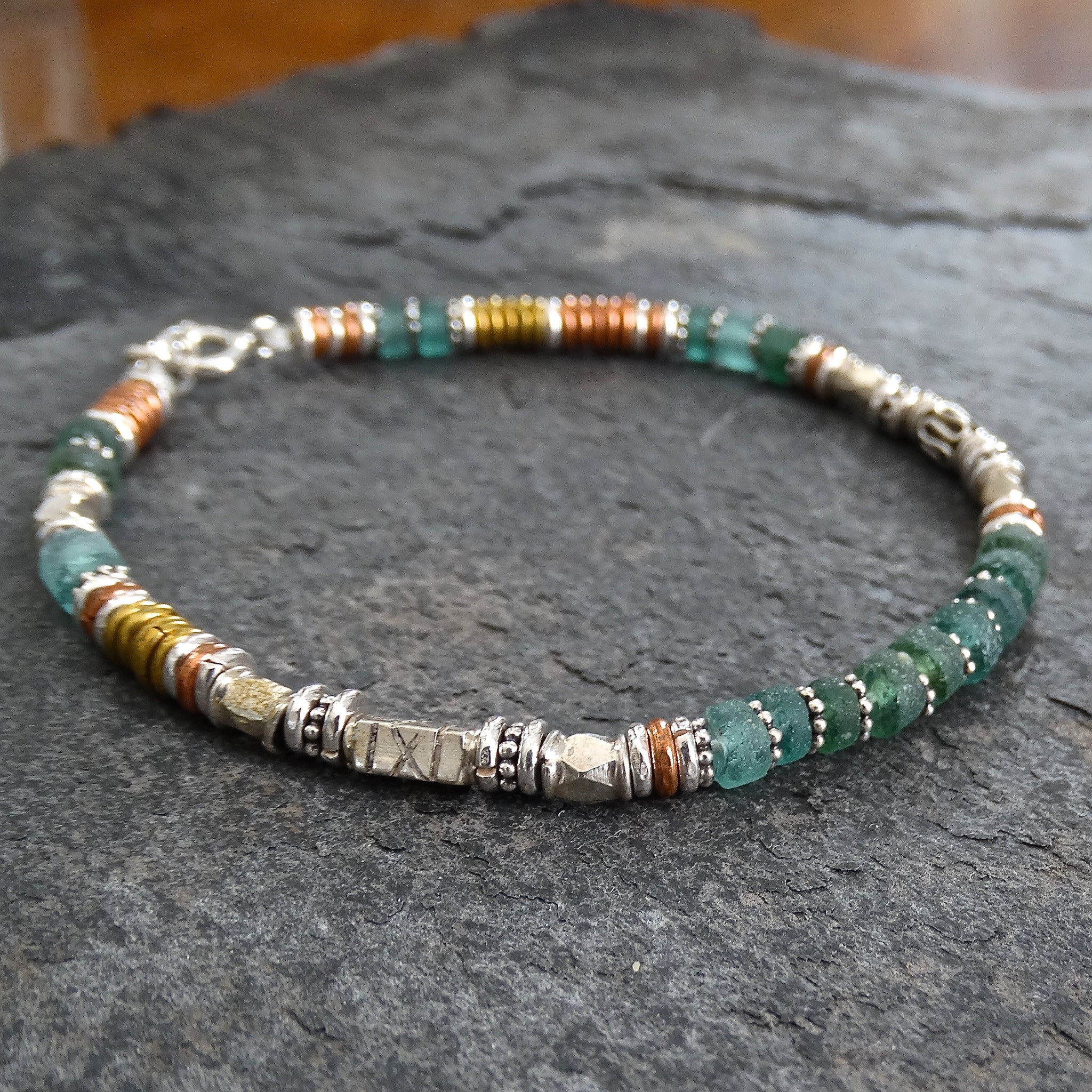 Green Glass Bracelet with Sterling Silver Copper and Brass - Beyond Biasa