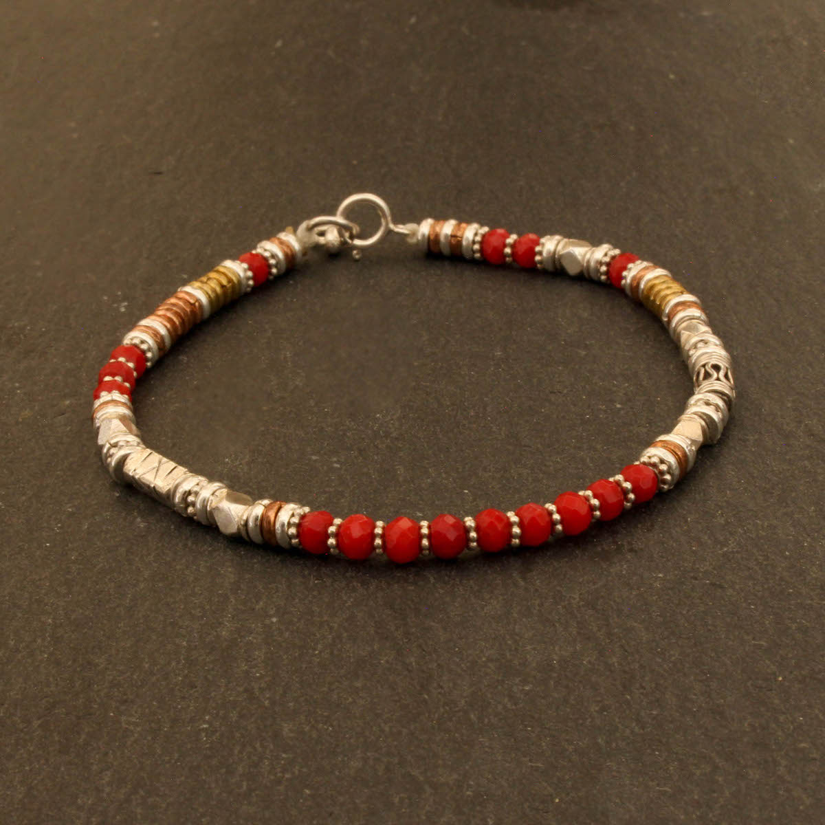 Gemstone beaded bracelet, handmade with red coral, sterling silver, copper and brass beads - Beyond Biasa