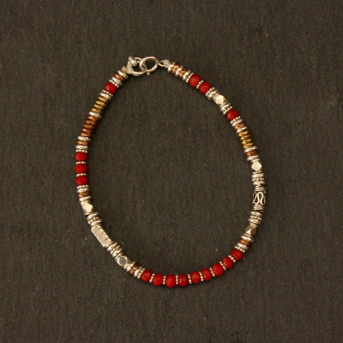 Gemstone beaded bracelet, handmade with red coral, sterling silver, copper and brass beads - Beyond Biasa