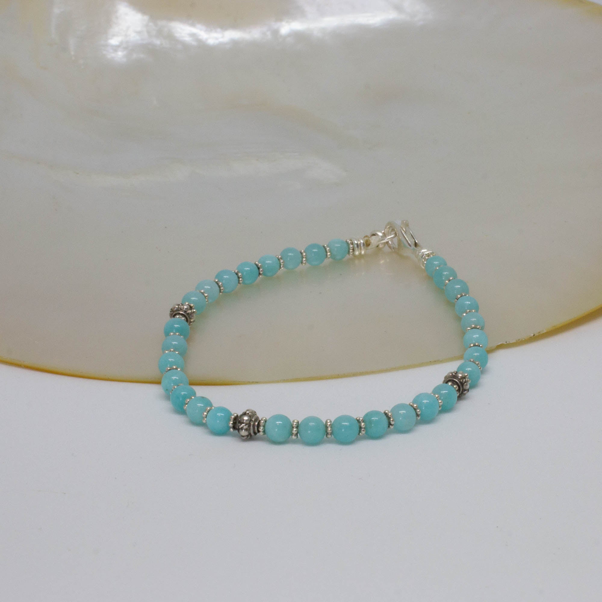 Blue amazonite gemstone beaded bracelet with handmade sterling silver - Beyond Biasa