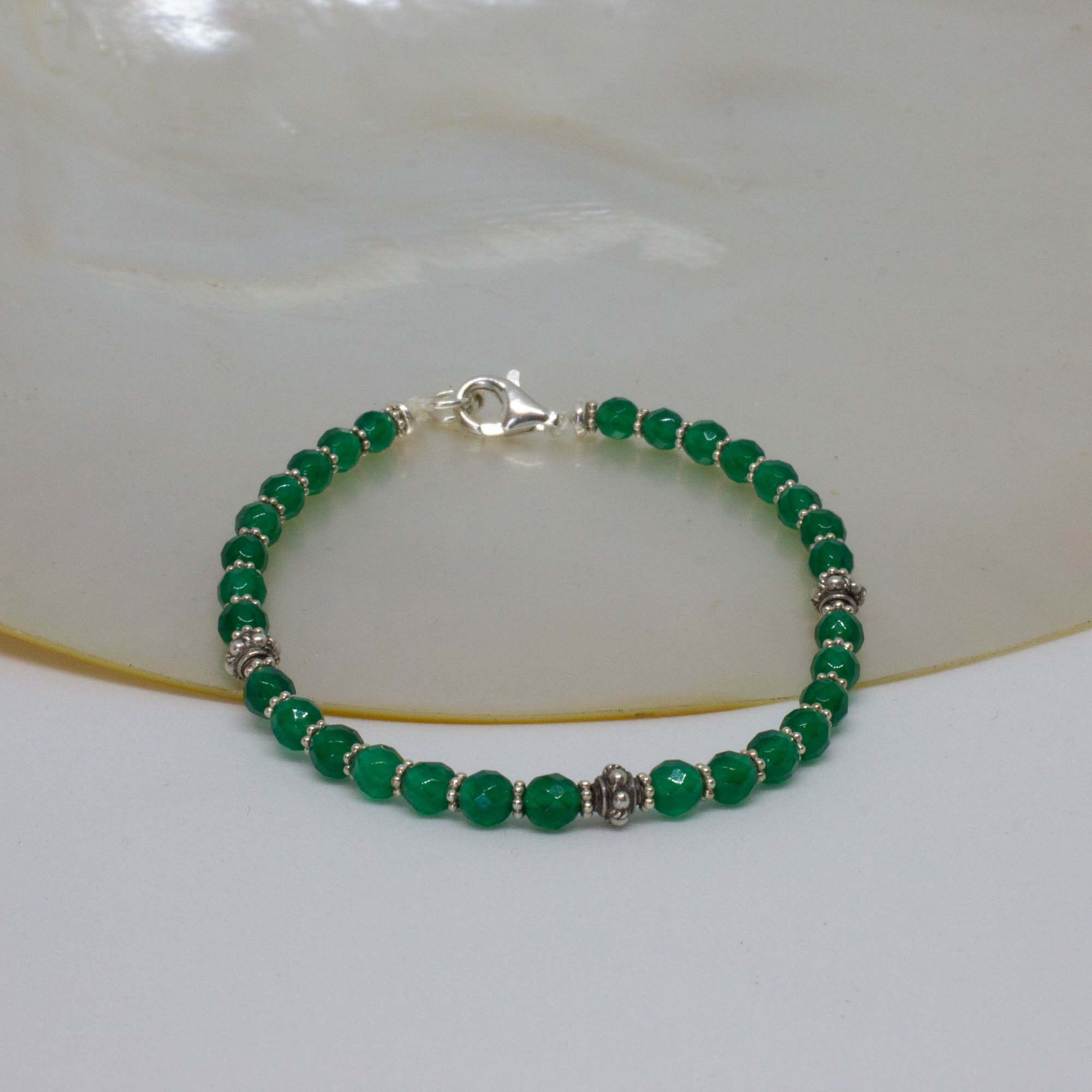 Faceted green onyx gemstone beaded stacking bracelet in sterling silver - Beyond Biasa