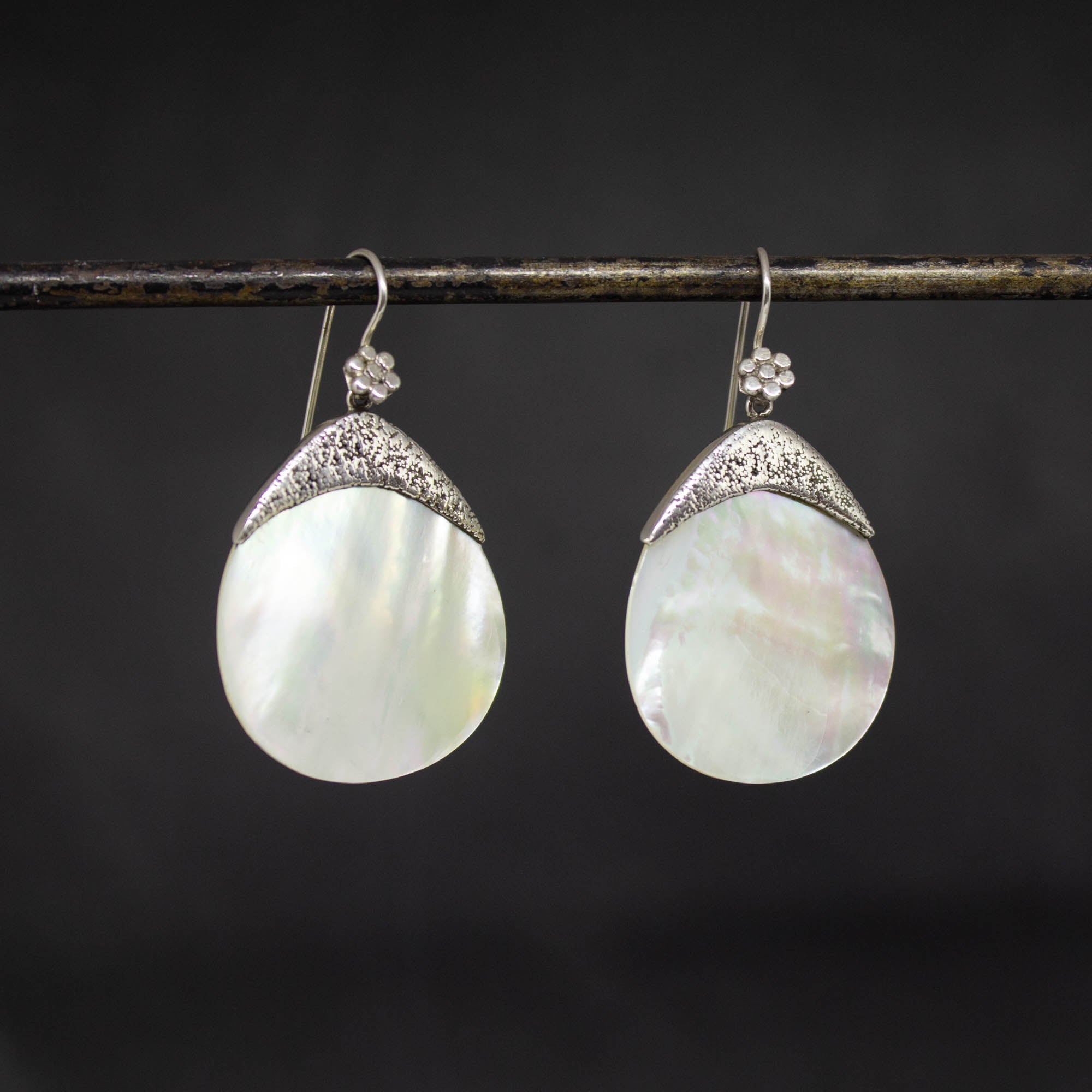 Mother of Pearl and Silver Granulation Teardrop Earrings - Beyond Biasa