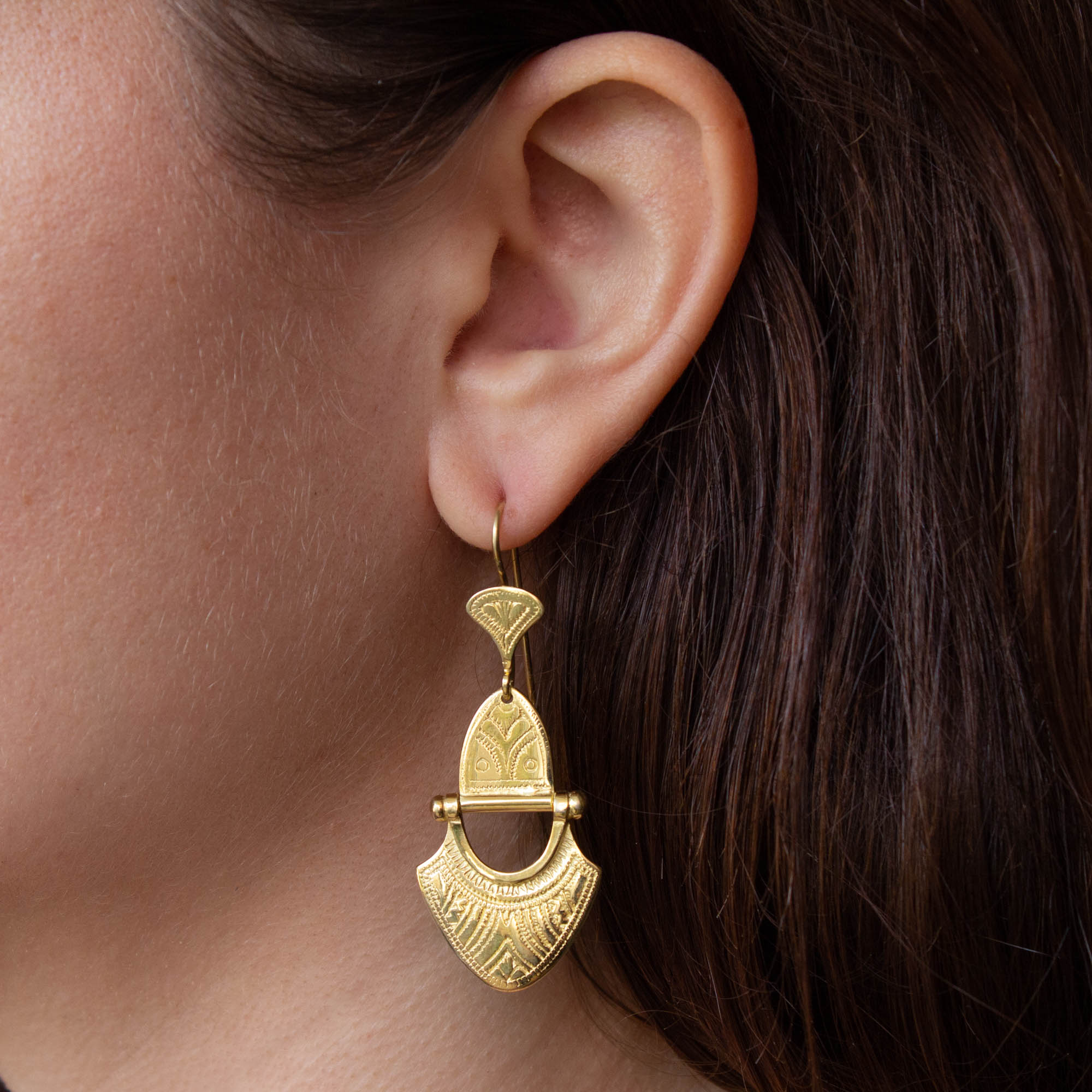 18k gold vermeil hinged tuareg inspired drop earrings with a hook fitting | Beyond Biasa