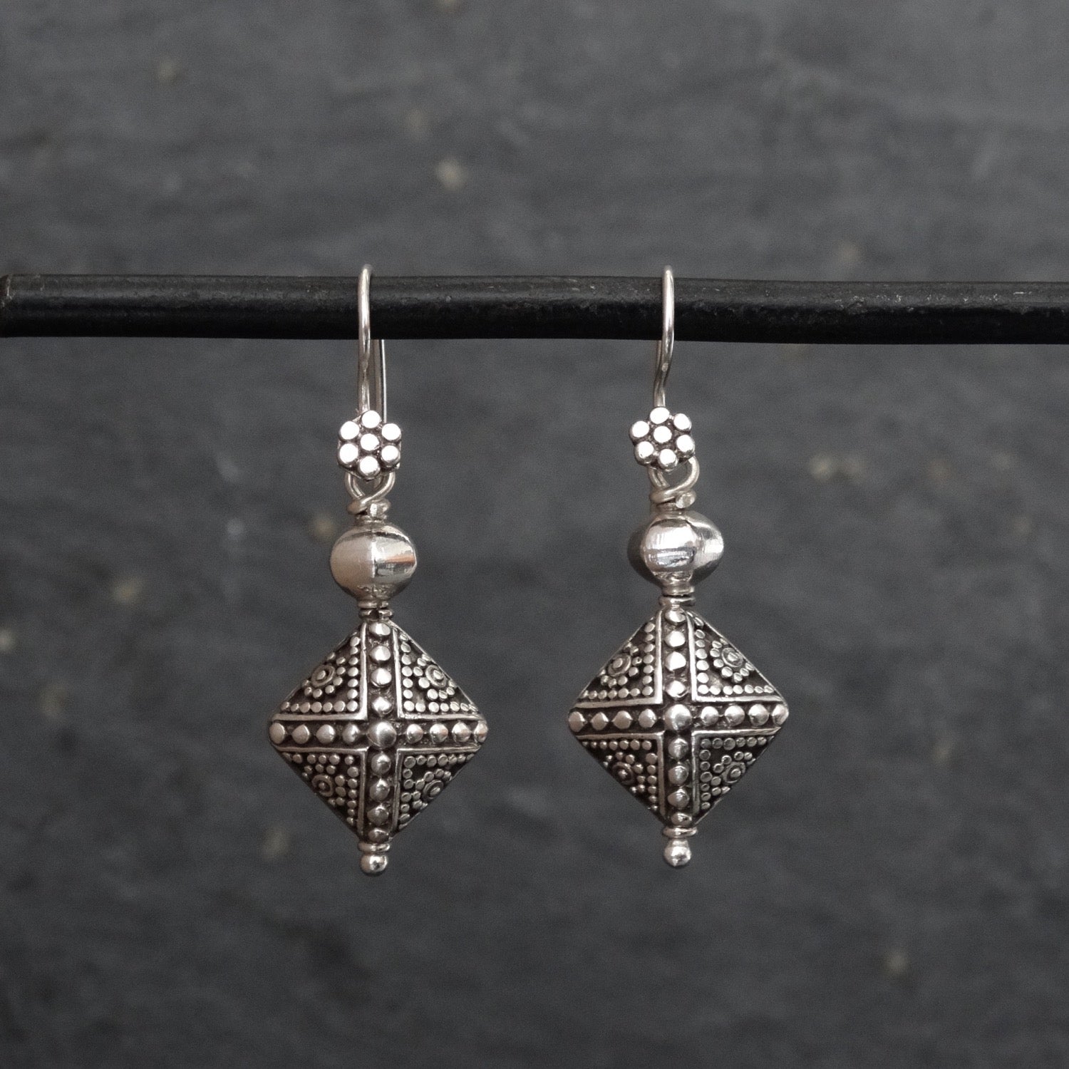 Silver Geometric Granulation Drop Earrings - Beyond Biasa