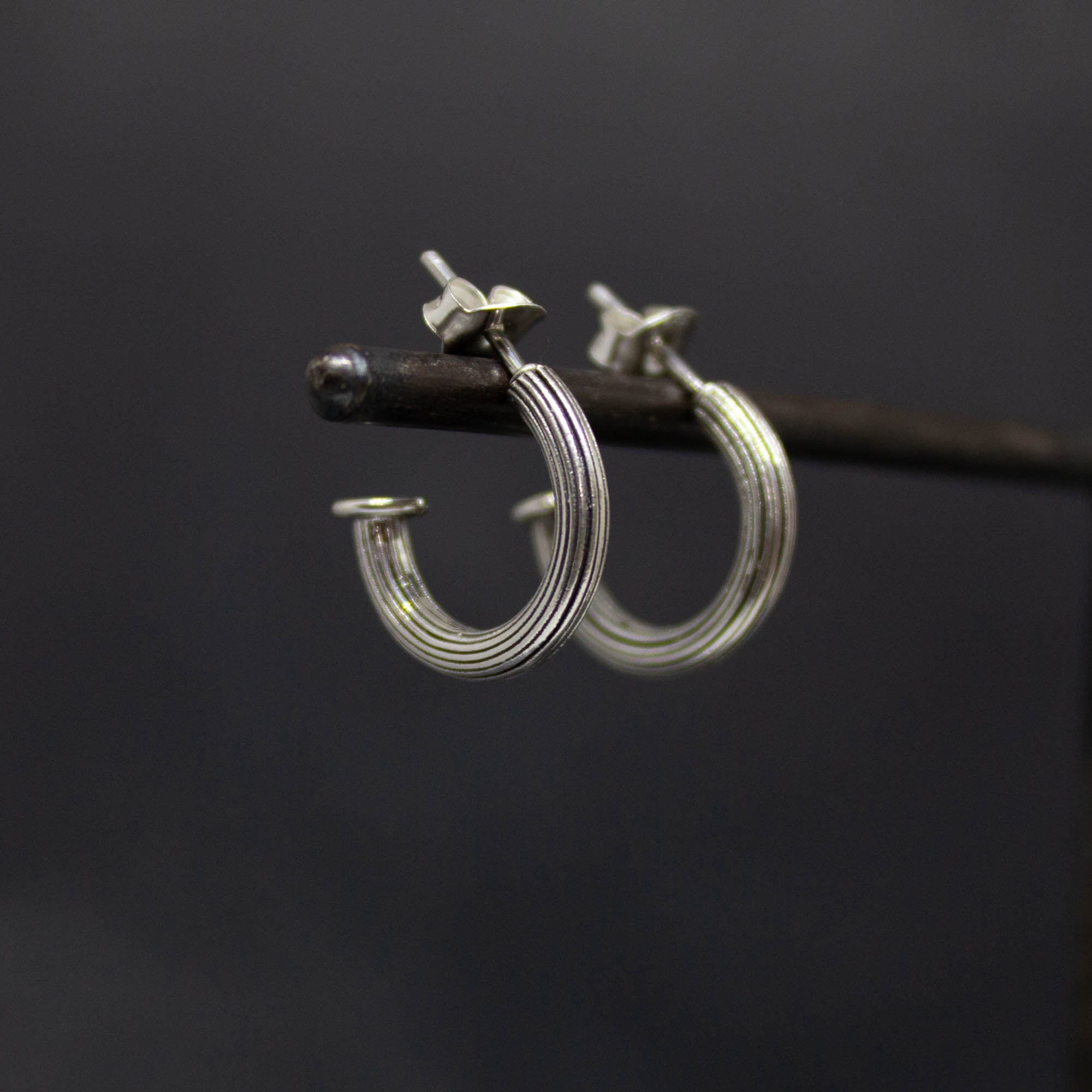 Oxidised Silver Ridged Hoop Earrings with Stud Fitting | Beyond Biasa
