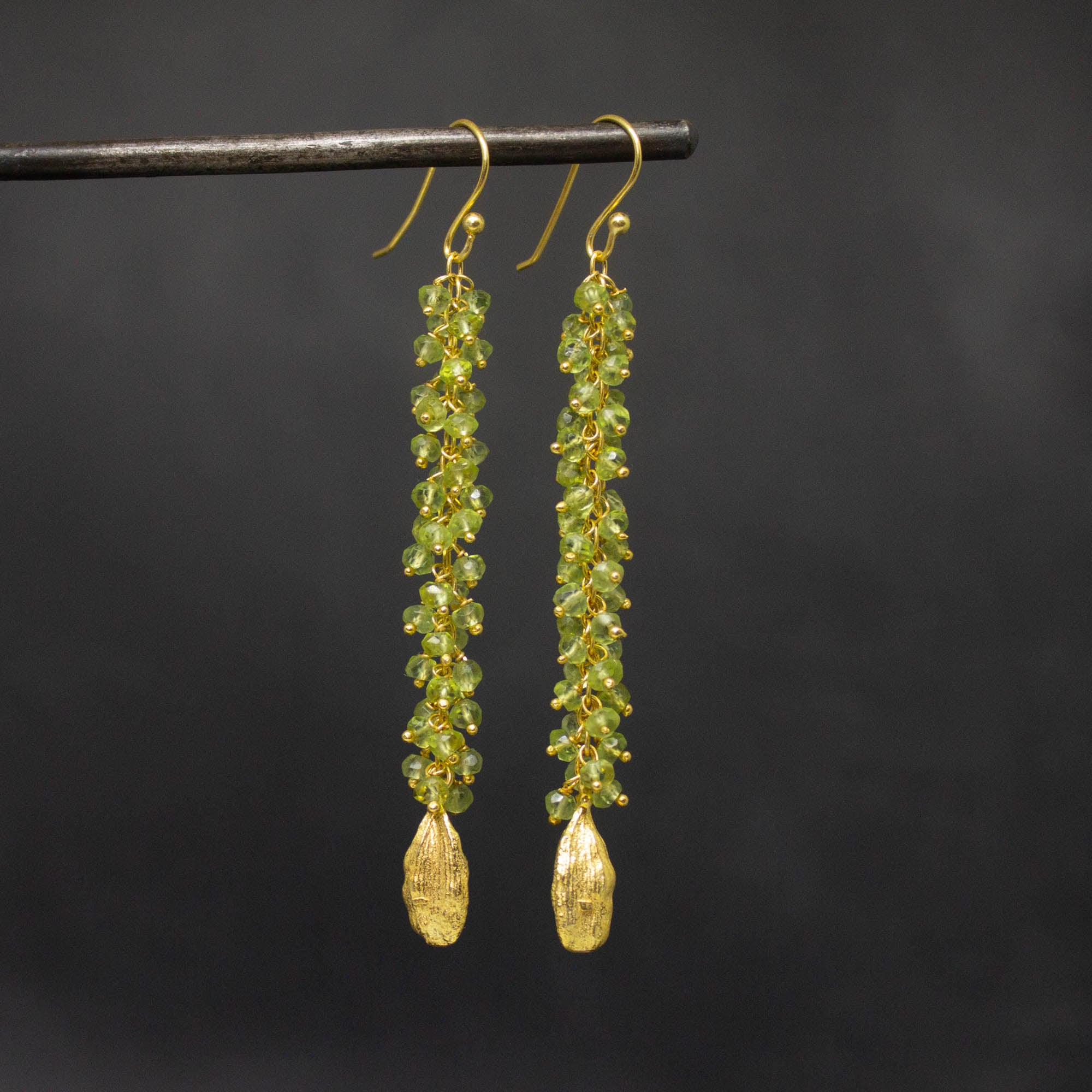 Long peridot gemstone cluster earrings with 18k gold vermeil cardamon pod charms - Beyond Biasa