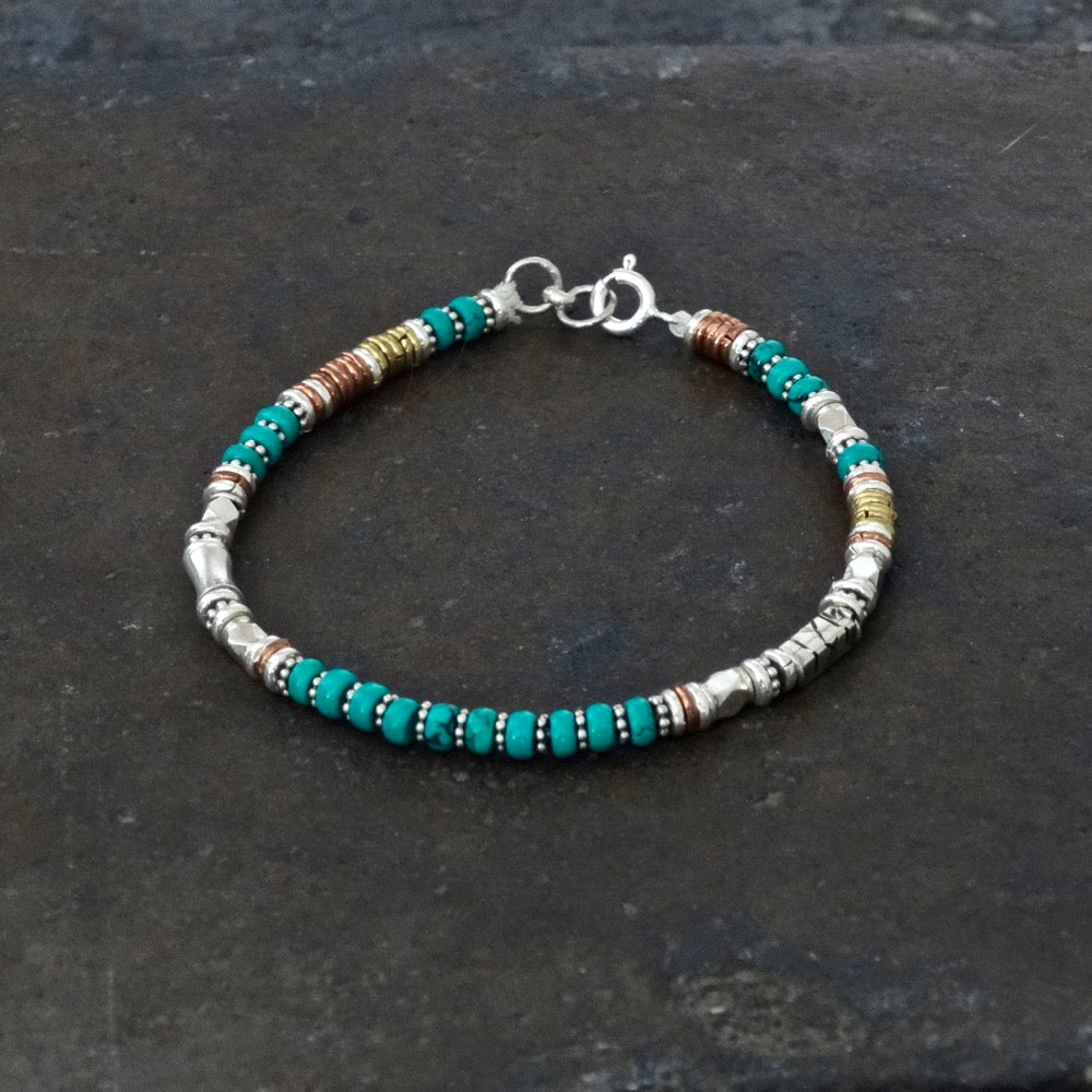 Turquoise Bead Bracelet with Sterling Silver Copper and Brass - Beyond Biasa