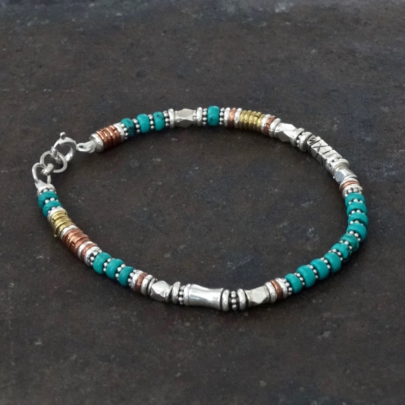 Turquoise Bead Bracelet with Sterling Silver Copper and Brass - Beyond Biasa